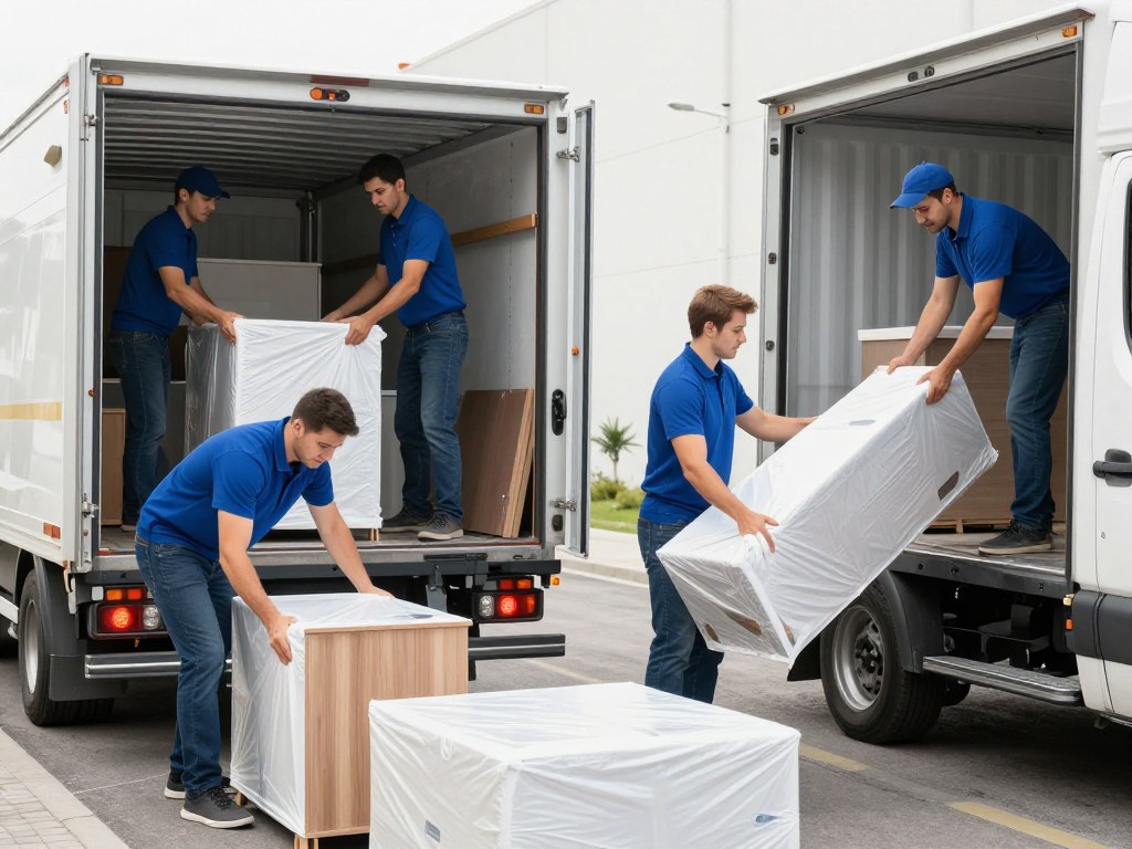 خدمات نقل عفش متكاملة مع عمال محترفين يقومون بتغليف وتحميل الأثاث