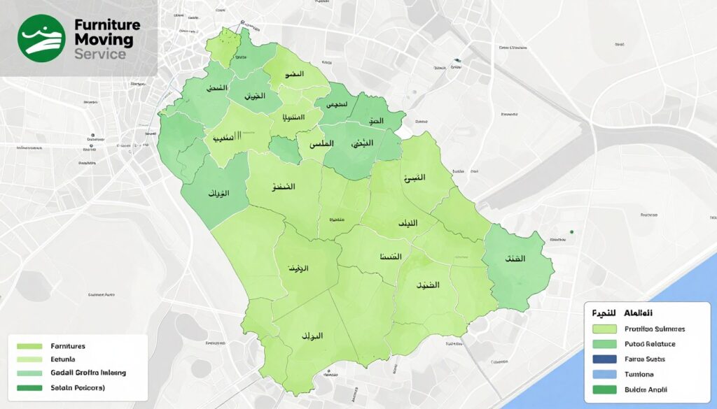 خريطة توضح مناطق تغطية خدمات نقل العفش الاحترافي