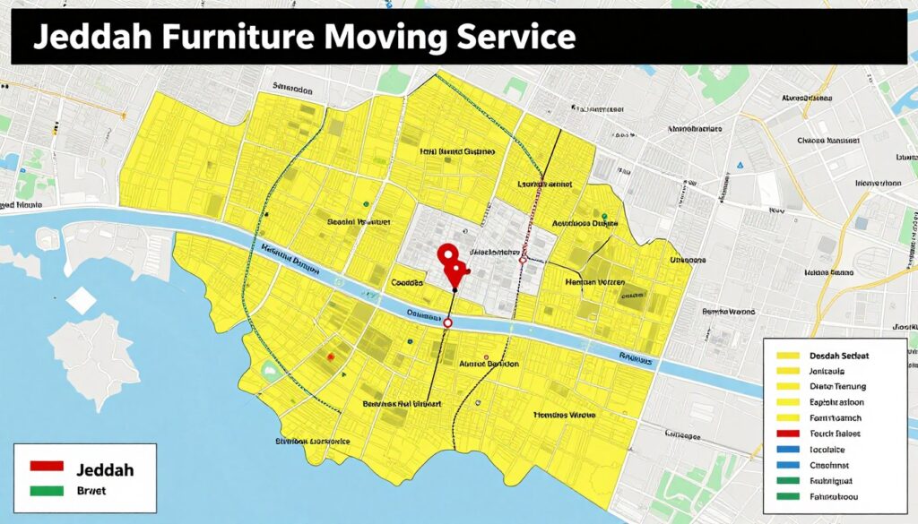 خريطة توضح مناطق تغطية خدمة نقل عفش فورية بجدة