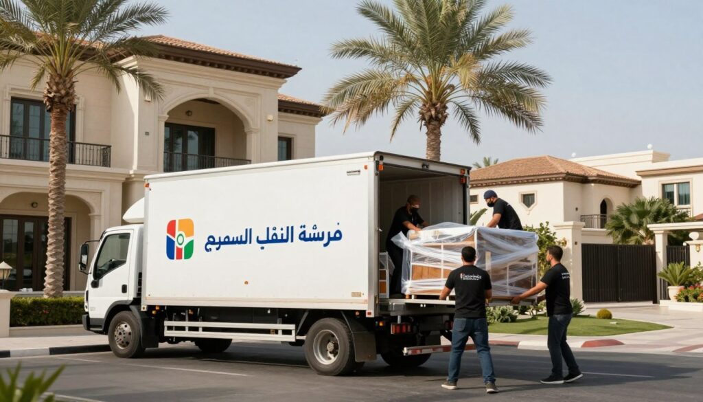 سيارة نقل عفش كبيرة تابعة لمؤسسة النقل السريع أمام فيلا في جدة