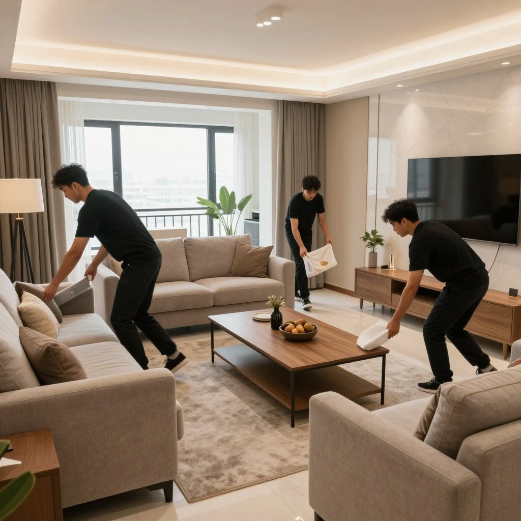عملية ترتيب أثاث في منزل جديد بعد النقل