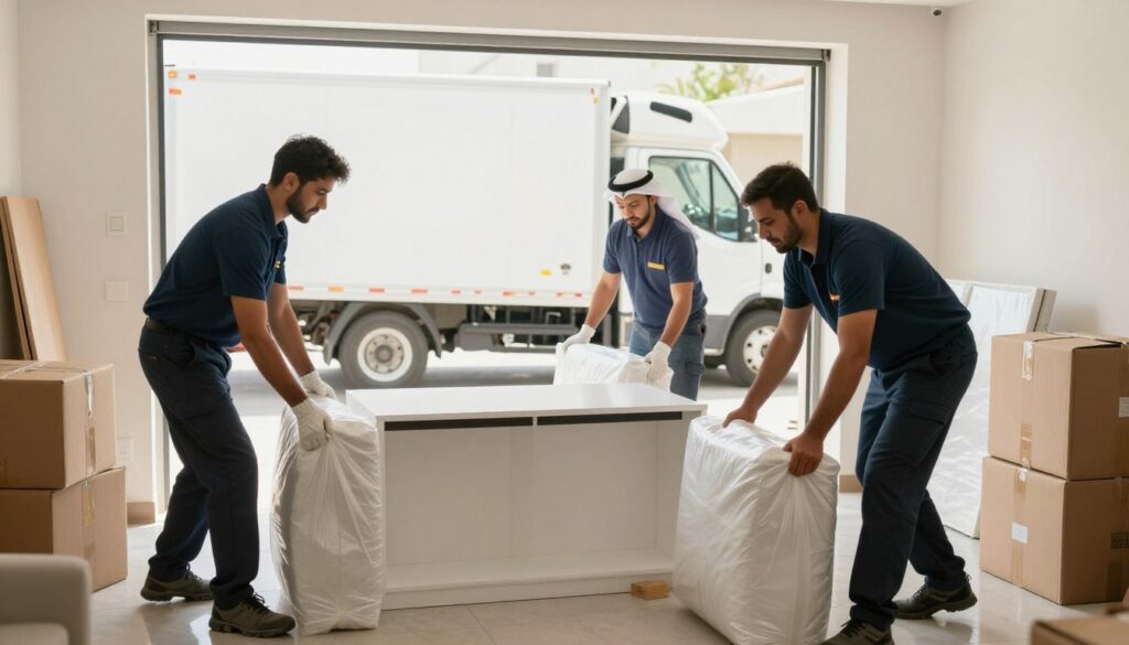 فريق شركة نقل عفش بجدة المحترف أثناء تغليف ونقل الأثاث