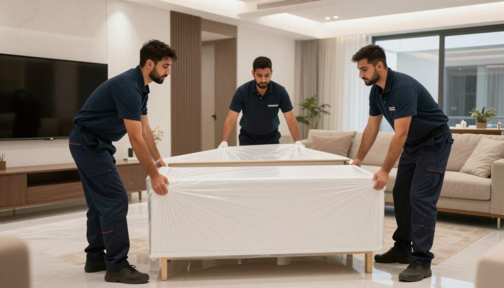 فريق عمالة مدربة لنقل العفش في جدة يقوم بتغليف وحمل الأثاث بطريقة احترافية