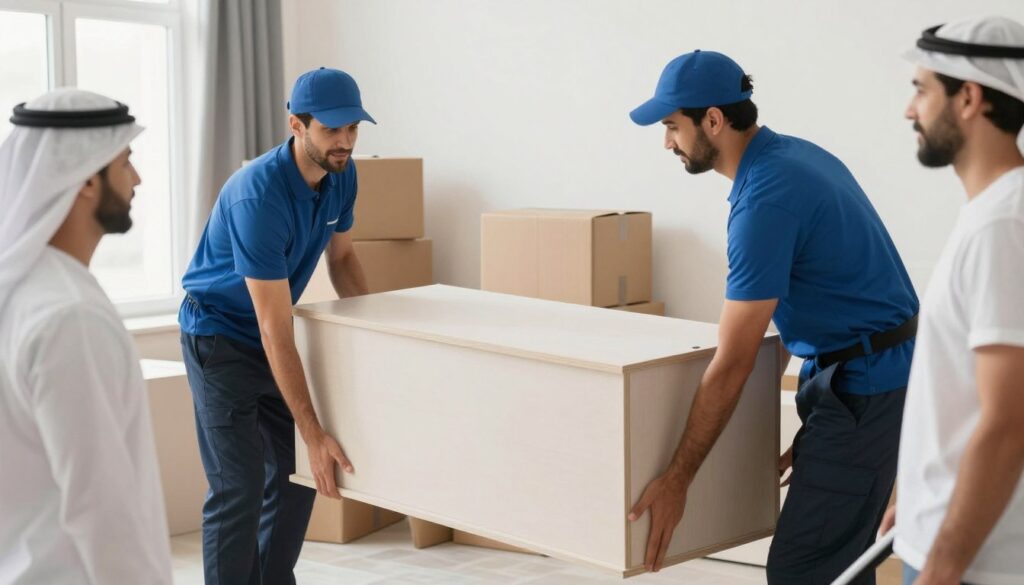 فريق عمل مؤسسة النقل السريع أثناء تقديم خدمة نقل عفش متكاملة