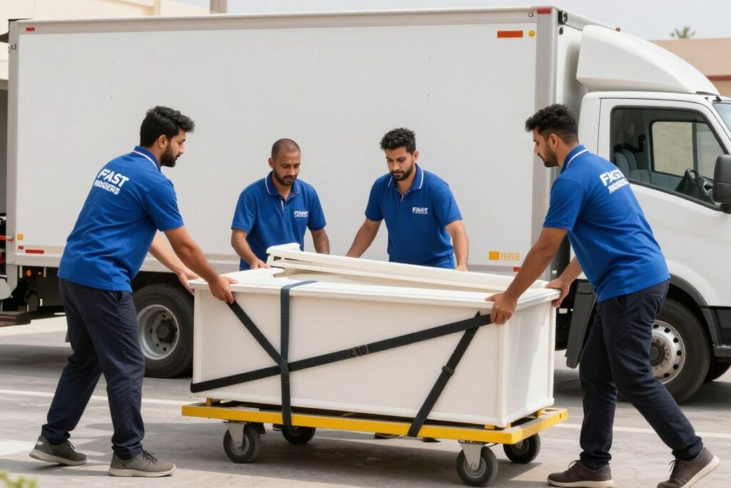 فريق مؤسسة النقل السريع المحترف أثناء عملية نقل عفش بدون تأخير جدة