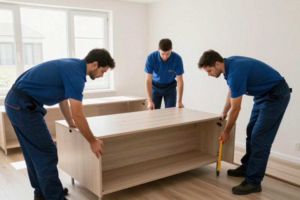 فريق مؤسسة النقل السريع يقوم بتركيب الأثاث في المنزل الجديد