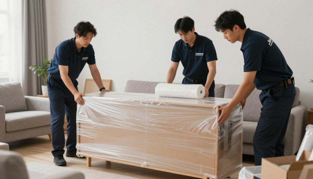 فريق مؤسسة النقل السريع يقوم بتغليف الأثاث بالكرتون والبلاستيك بشكل احترافي لضمان نقل عفش آمن