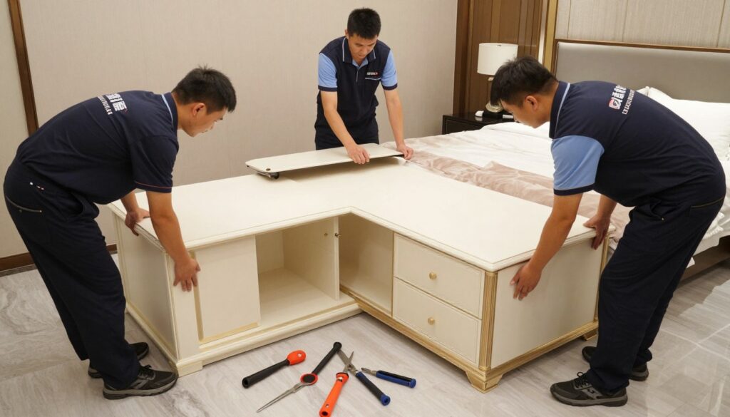 فريق متخصص في فك وتركيب غرف النوم أثناء نقل العفش