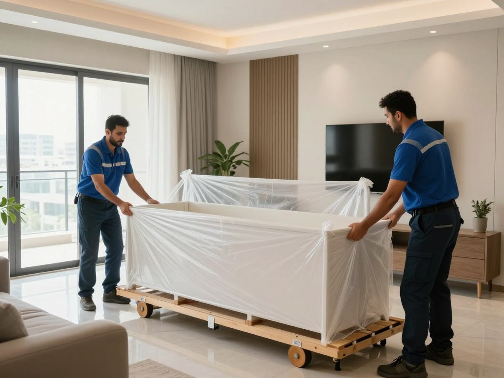 فريق متخصص في نقل عفش شقق جدة يقوم بتغليف الأثاث بعناية