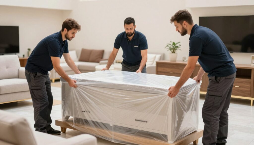 فريق متخصص في نقل وتغليف عفش بجدة يقوم بتغليف أثاث منزلي بعناية فائقة