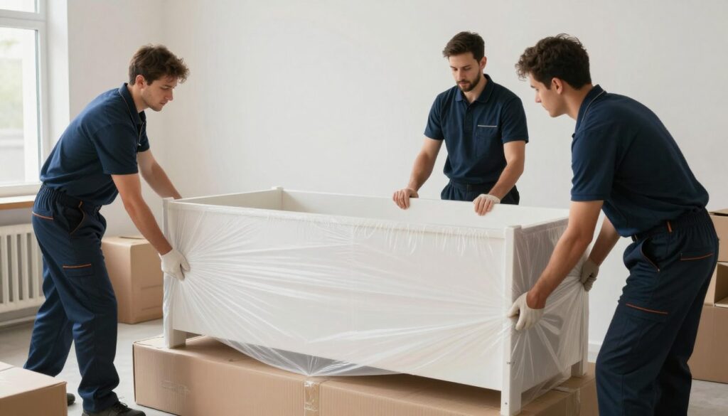 فريق متخصص يقوم بتغليف الأثاث بعناية لضمان نقل عفش مع ضمان السلامة