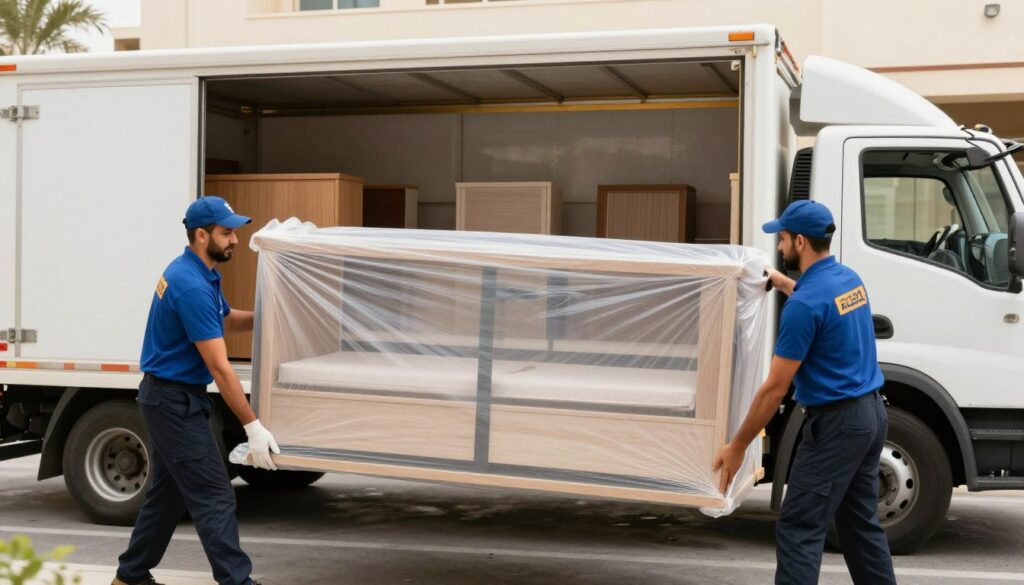 فريق محترف لنقل أثاث المنازل بجدة يقوم بتغليف وحمل الأثاث بعناية