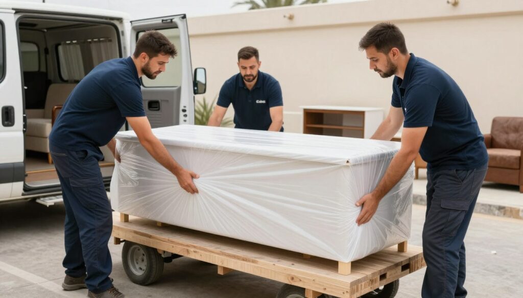 فريق محترف لنقل عفش جدة يقوم بتغليف الأثاث بعناية