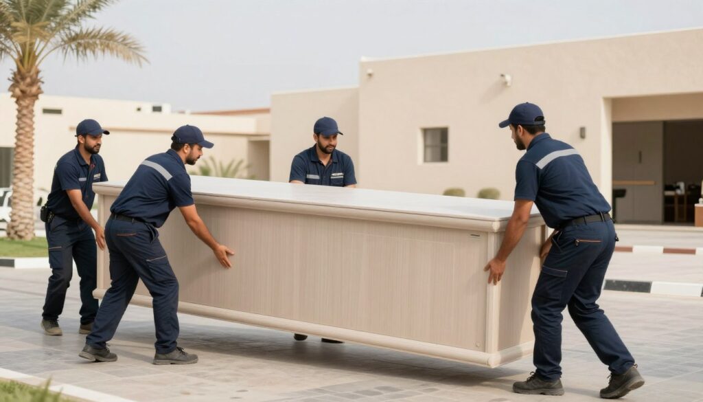 فريق محترف من خبراء نقل وتغليف عفش بجدة يعملون بتناسق لنقل أثاث منزلي