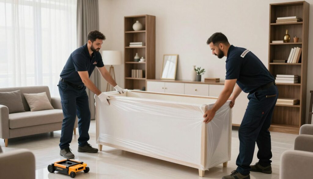 فريق محترف يقوم بفك وتغليف الأثاث بعناية في جدة