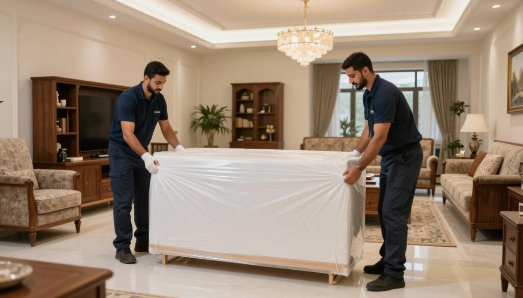 فريق نقل عفش بجدة يقوم بتغليف الأثاث بعناية