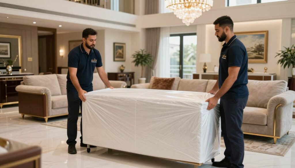 فريق نقل عفش راقي بجدة يقوم بتغليف أثاث فاخر