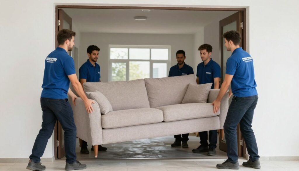 فريق نقل عفش سريع محترف يعمل بتناغم لنقل قطع أثاث كبيرة