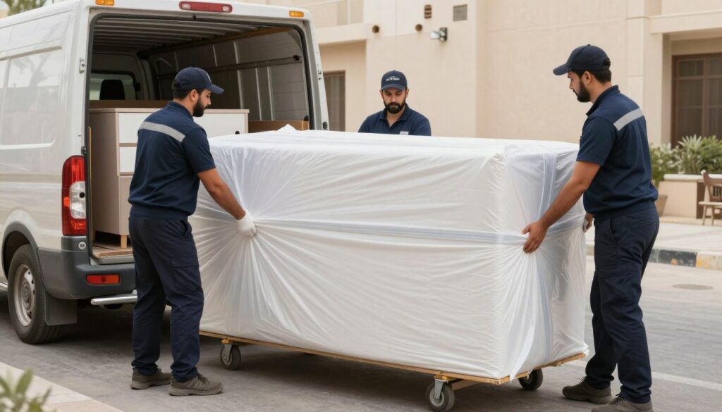 فريق نقل عفش عائلات بجدة يقوم بتغليف أثاث منزلي بعناية