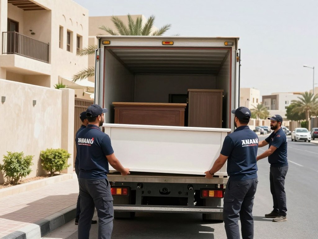 فريق نقل عفش محترف يقوم بنقل أثاث في أحد أحياء جدة