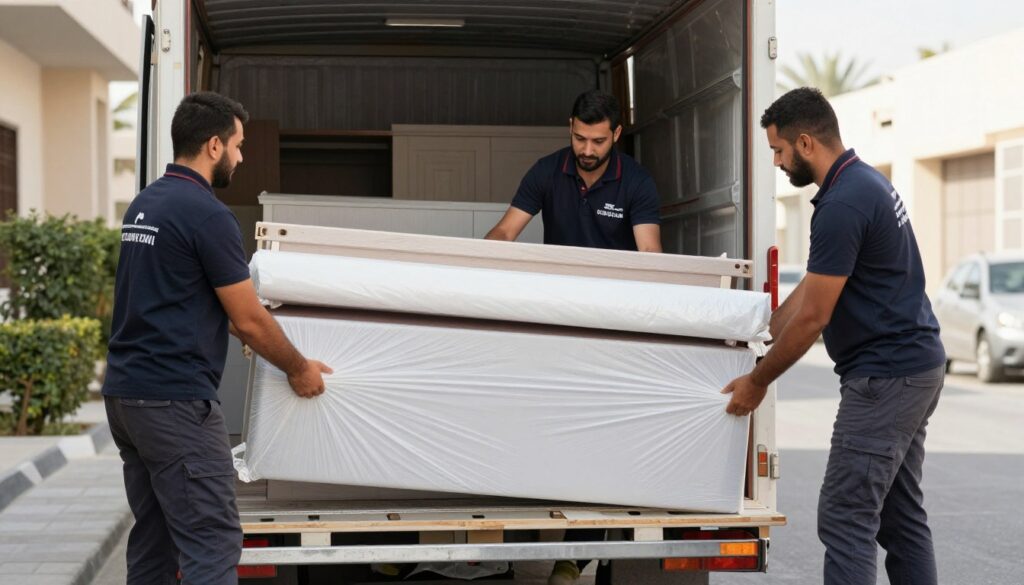 فريق نقل عفش مضمون جدة يقوم بتغليف الأثاث بعناية