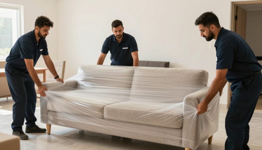 فريق نقل عفش موثوق بجدة يقوم بتغليف الأثاث بعناية
